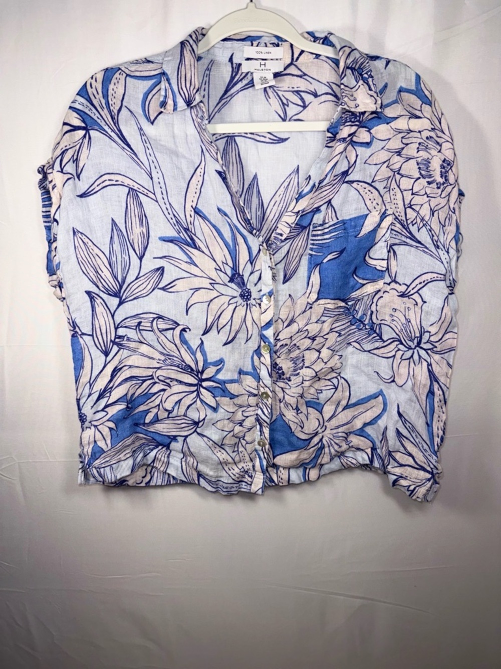 Halston Women Short Sleeve Blue 100% Linen Floral Button-Down Shirt Size Medium
